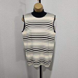 Cream Black Stripe Mock Neck Sleeveless Sweater Womens Large Stretch Knit Office